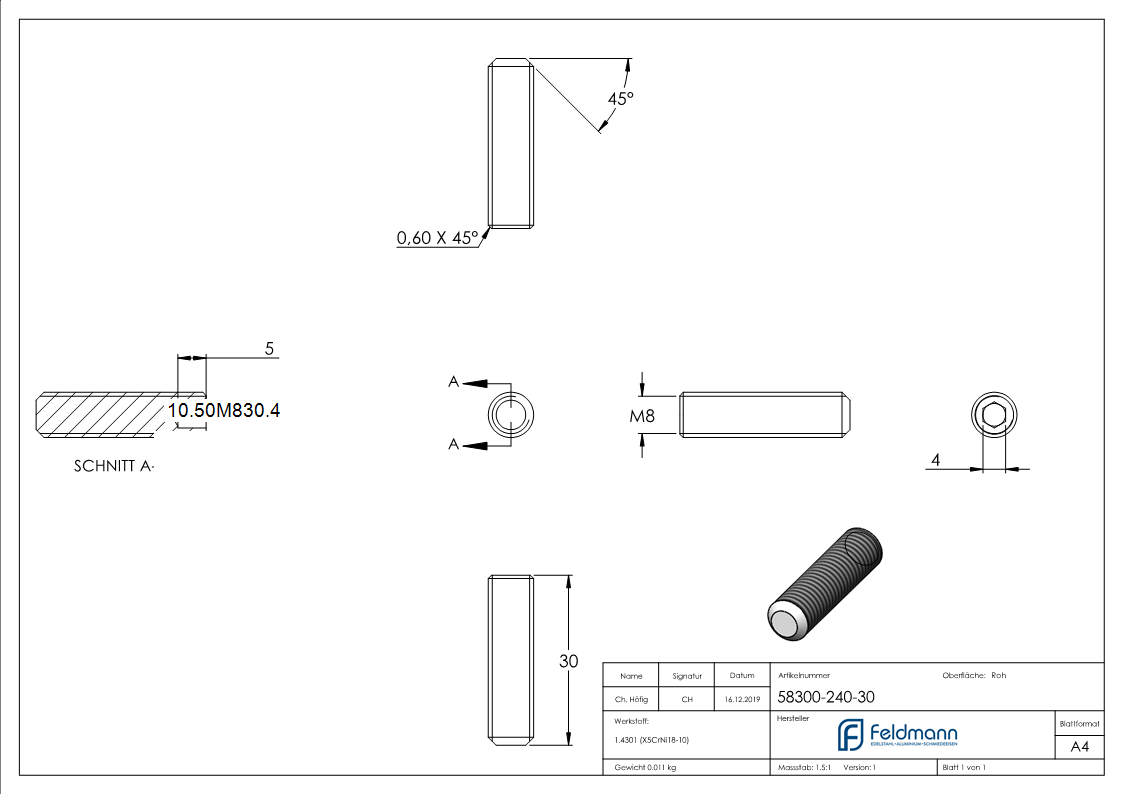 Gewindestift M8 x 30 mm- V2A-10-50M830.4