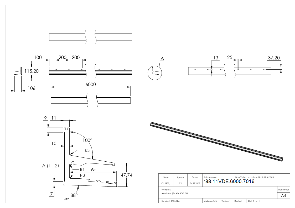 Vordachprofil eleganza canopy- L- 6000mm- RAL 7016-88-11VDE-6000.7016
