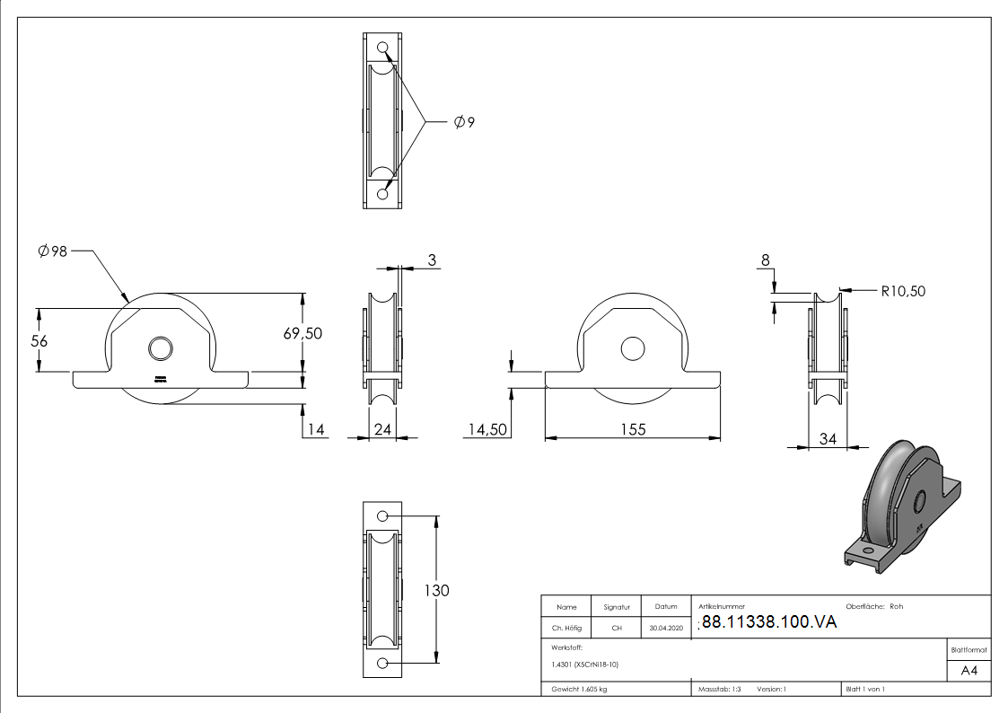Rouleau pour portail coulissant, Ø 98mm, V2A