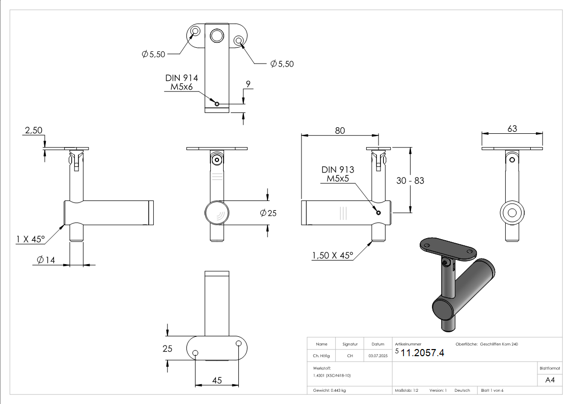 Handlaufhalter mit Gelenk und Halteplatte fuer flachen Anschluss V2A-11-2057.4