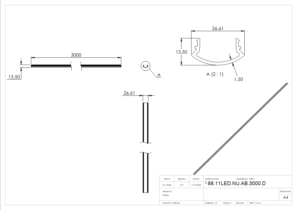 LED-Diffusor PMMA fuer Rundrohr 42-4 mm 3000 mm diffus-88-11LED-NU-AB-3000.D