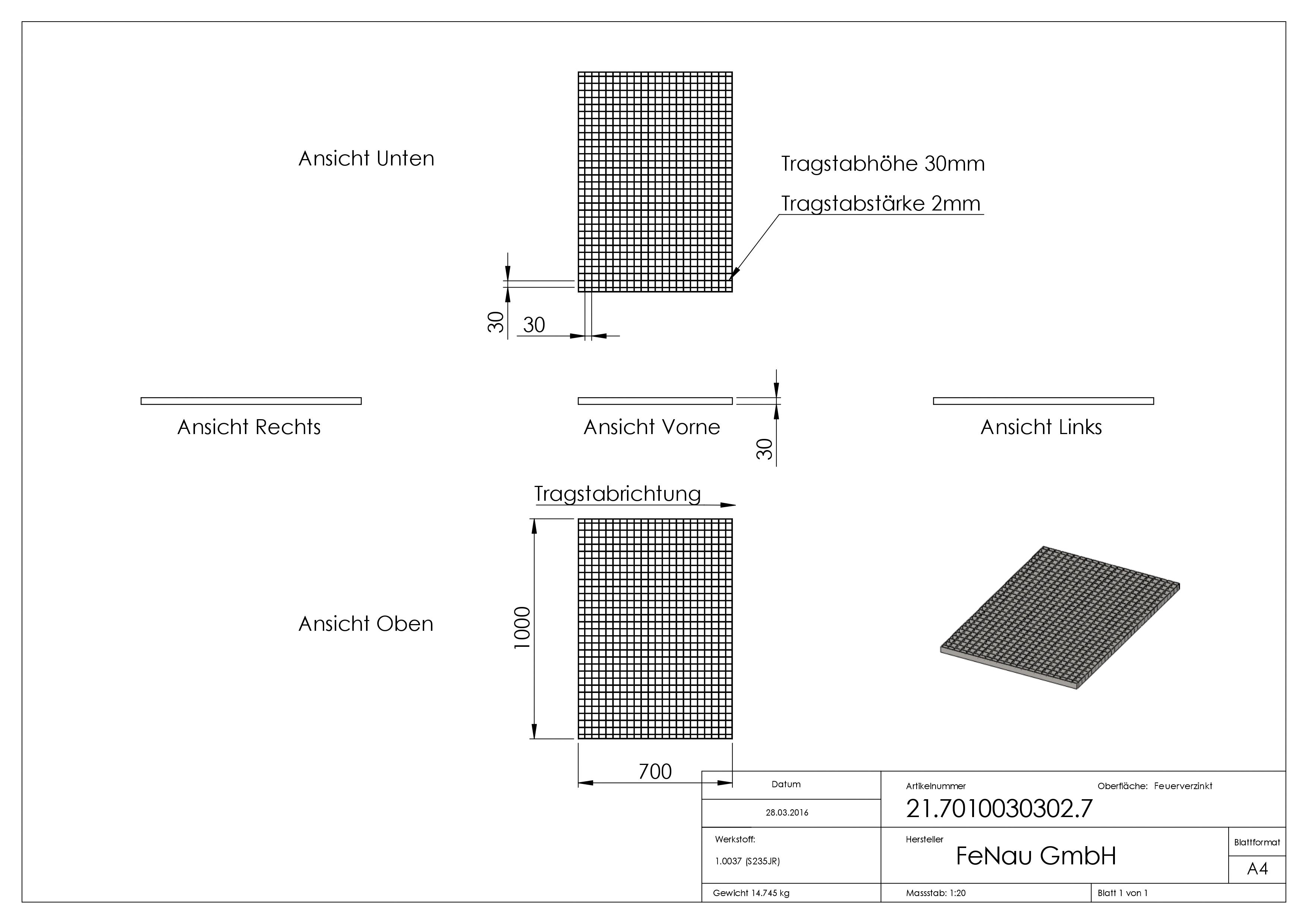 Industrie-Gitterrost - Masse- 700x1000x30 mm; MW 30-30 mm; 30-2 mm - S235JR -St37-2- im Vollbad feuerverzinkt-21-7010030302.7