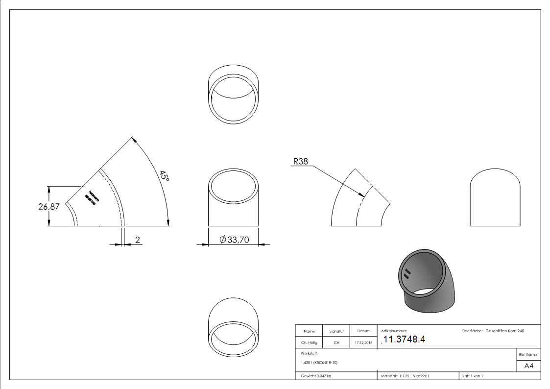Bogen 45° zum Schweissen fuer Rundrohr- Ø 33-7 mm V2A- Bauart 3-11-3748.4
