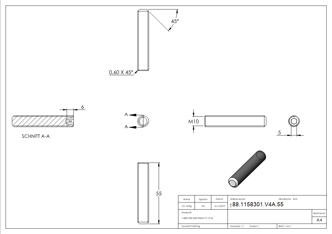 Vis sans tête M10 x 55, A4, DIN 913 / ISO 4026