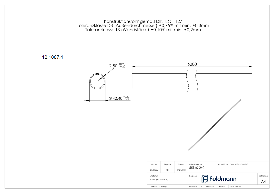 Rundrohr Ø 42-4 x 2-6 mm á 6 m Edelstahl-12-1007.4