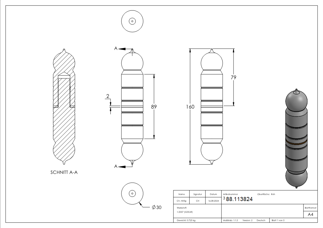 Zierscharnier Stahl glatt 30 mm Dorn 16 mm-88.113824