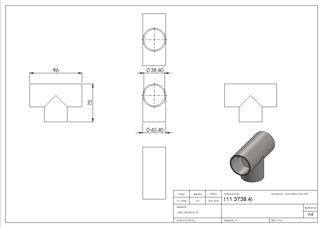 Pièce en T | pour soudure | pour tube rond : Ø 42,4 mm | V2A