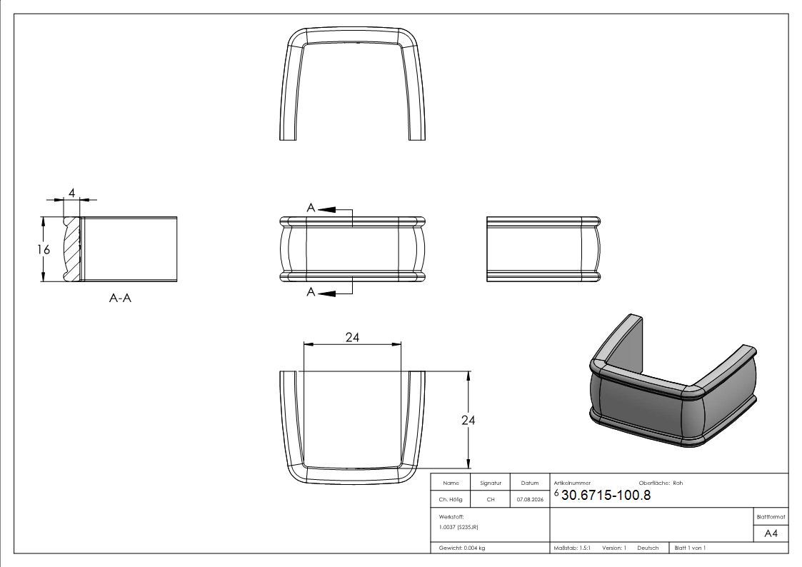 Bund - 100 Stueck - Material- 16x4 mm - Innenmass- 24x24 mm - Stahl -Roh- S235JR-30-6715-100.8