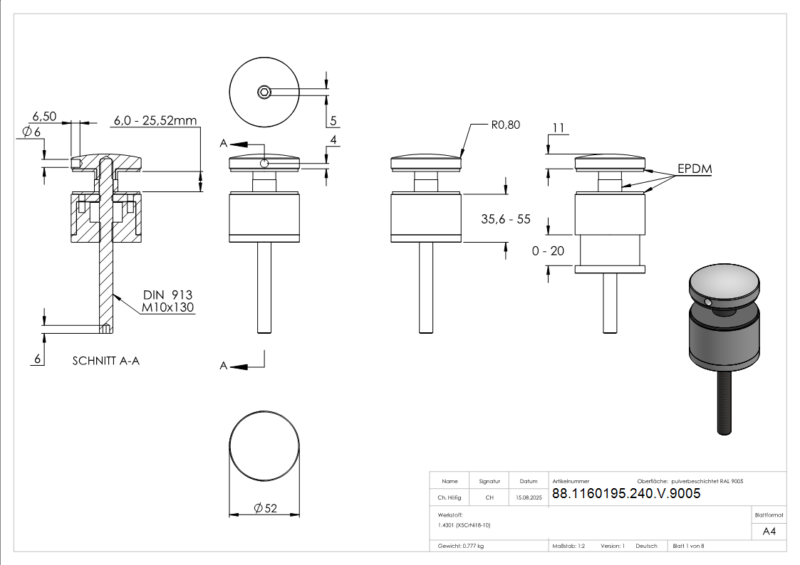 Glaspunkthalter 52mm- flach- verstellbar- V2A- pulverbeschichtet in RAL 9005 schwarz matt mit AbP-88-1160195-240-V.9005