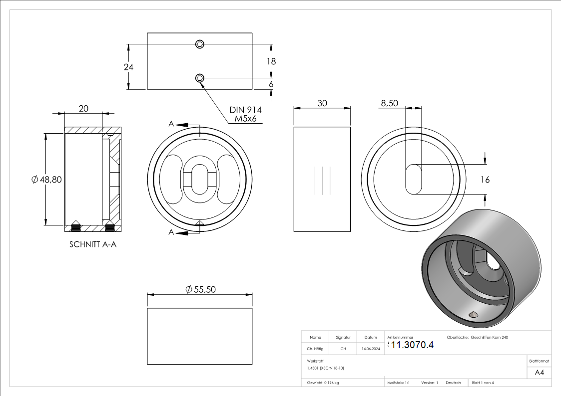 Raccord mural pour tube rond Ø 48,3 mm en V2A