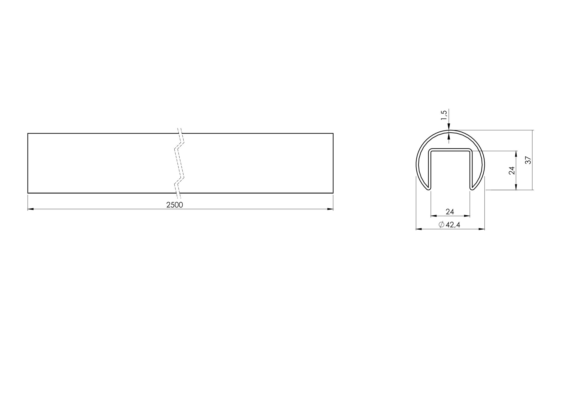 U-Profil Handlauf Edelstahl V2A Ø 42-4 x 1-5 mm fuer Glas mit LED-Nut 2500 mm-89-11A6925042-A.4