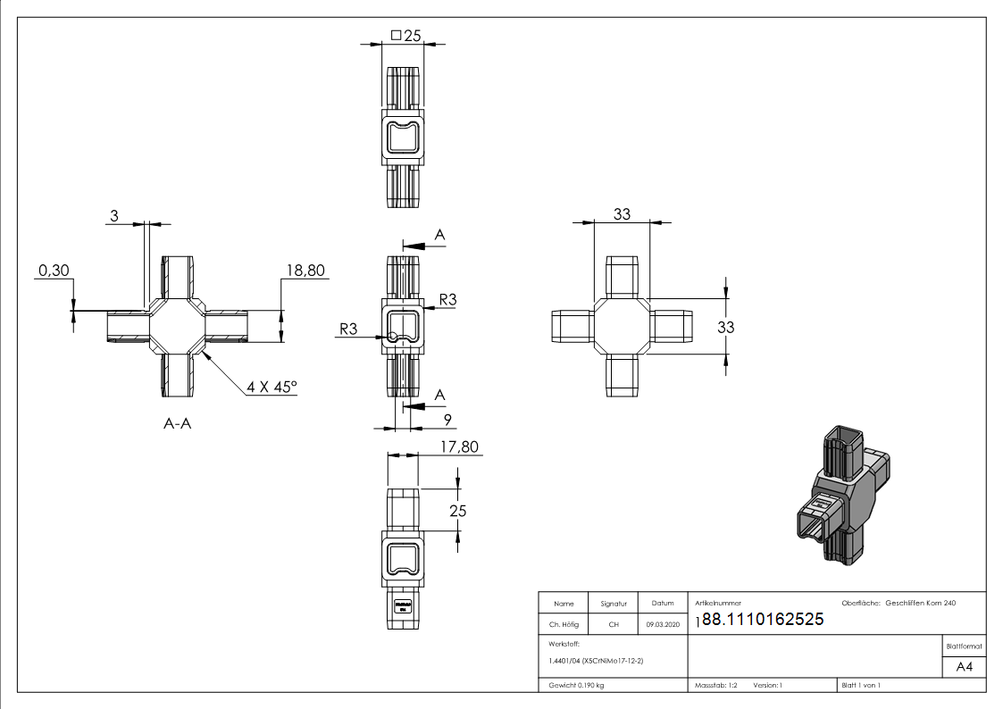Connecteur pour tube 25x25x2mm, V4A
