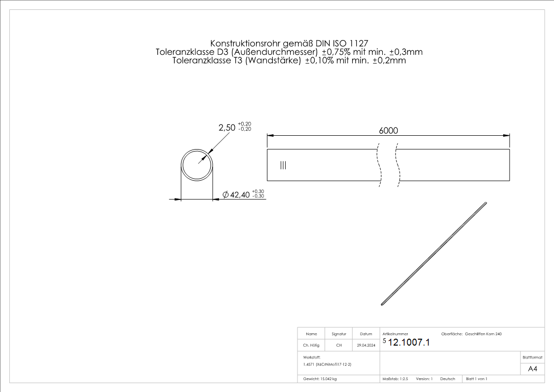 Rundrohr Ø 42-4 x 2-6 mm á 6 m Edelstahl-12-1007.1