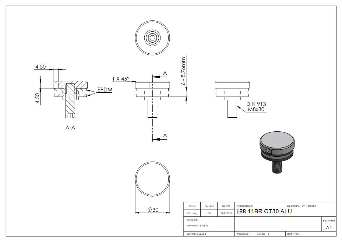 BRENK-fix® Oberteil Ø 30mm zu Glas-Halter- ALU-88-11BR-OT30.ALU