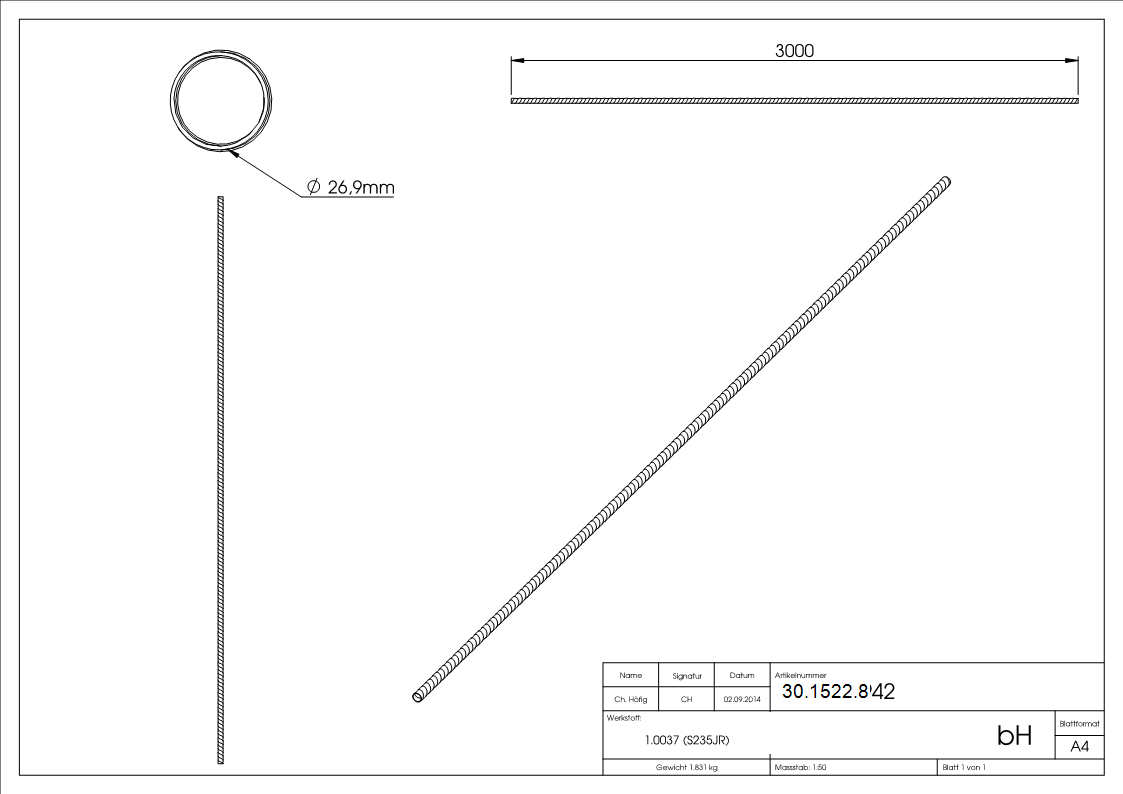 Rundrohr spindelfoermig geschmiedet  26-9x2-5 mm Laenge- 3000 mm Stahl -Roh-30-1522.8