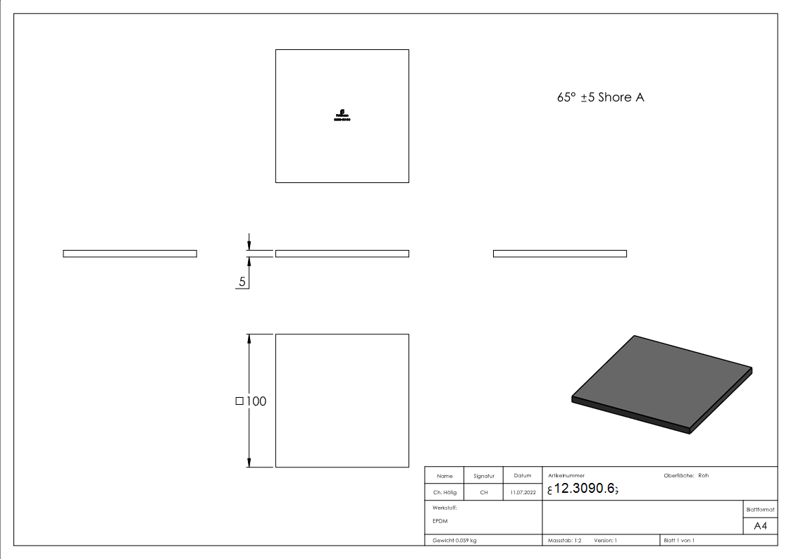 Sous-couche caoutchouc | pour profilé aluminium | 100x100x5 mm | pour verre 12.76-13.52 mm | caoutchouc