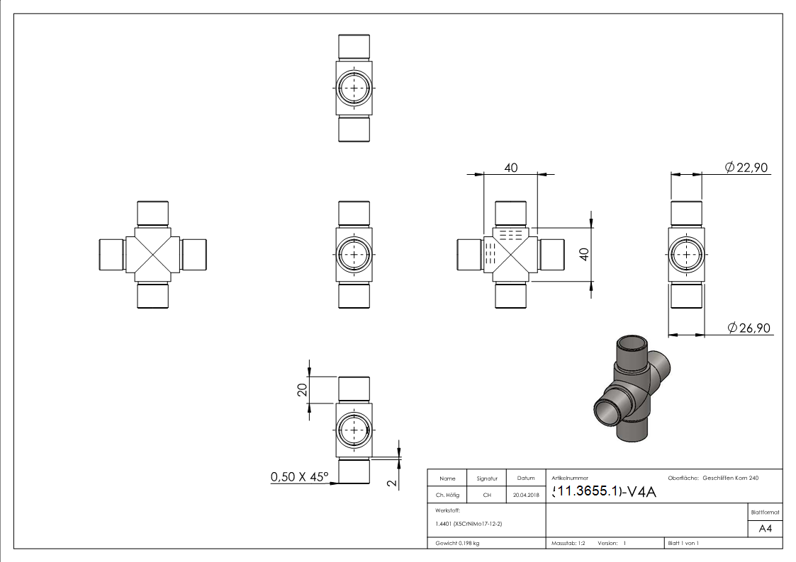 Traverse avec même sortie pour tube rond Ø 26.9x2.0 mm V4A