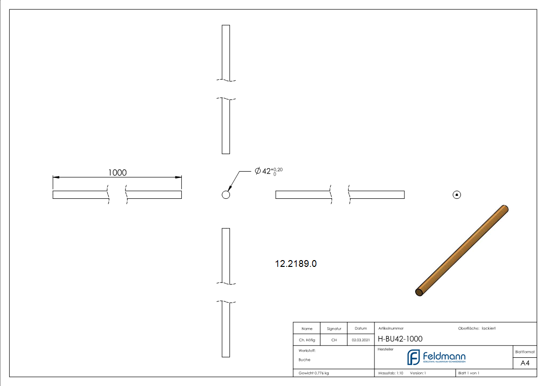 Main courante en bois hêtre, Ø 42 mm longueur 1000 mm