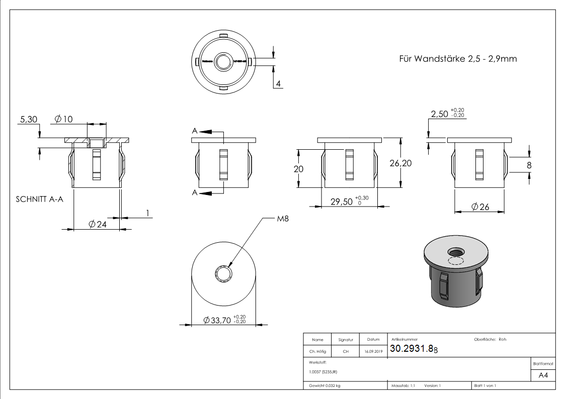 Stahlstopfen flach - mit M8 - fuer Rundrohr Ø 33-7x2-5-2-9 mm - Stahl S235JR- roh-30-2931.8