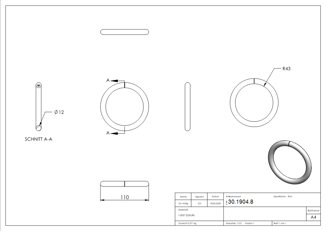Ring - Material- 12 mm - Aussen-Ø- 110 mm - Stahl S235JR- roh-30-1904.8