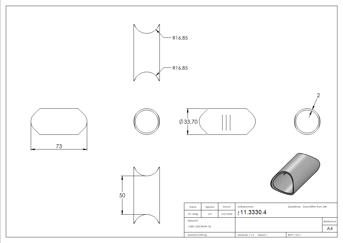 Raccord pour tube rond Ø 33,7 mm V2A