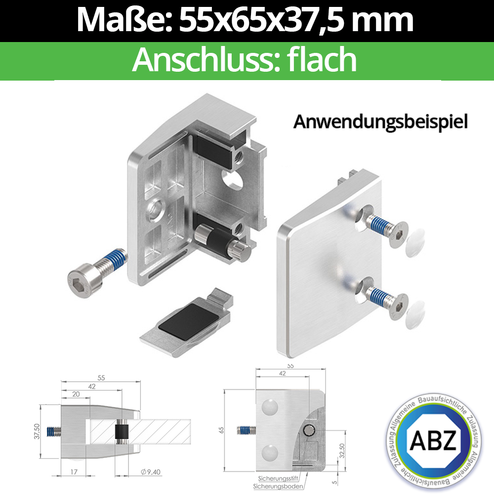 Glasklemme AbZ 55x65x37-5 mm  Flach- fuer 17-52 mm VSG Glas- Nein - Ohne Sicherungsstift- Nein - Ohne Sicherungsboden-10-MODELL35-1-17-1.1