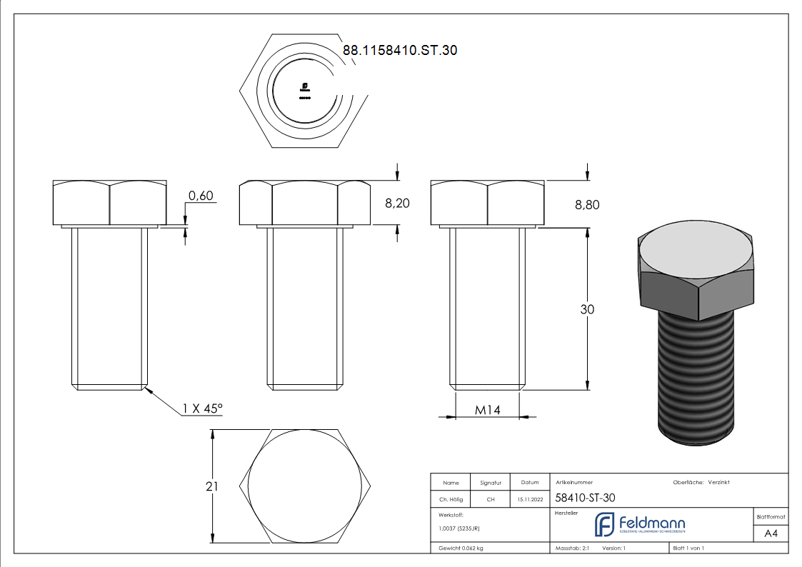 Sechskantschraube Stahl verzinkt M14 x 30 DIN 933-88-1158410-ST.30