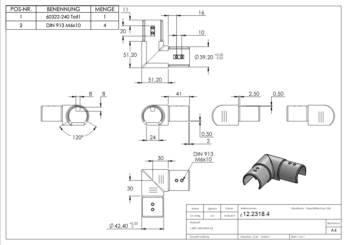 Angle rentrant 90° | horizontal | pour tube rainuré Ø 42.4 mm | V2A