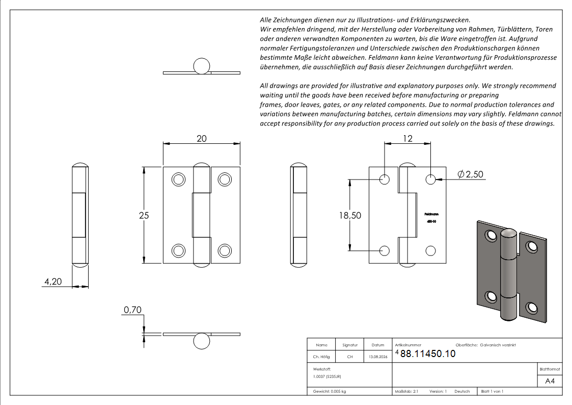 Scharnier Stahl verzinkt 25x20mm mit festem Zapfen-88-11450.10