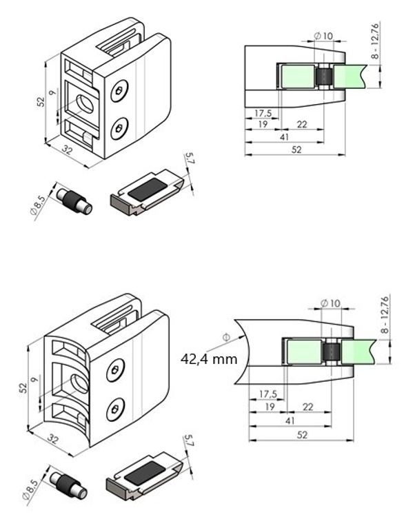 Pince à verre | dimensions : 52x52x32 mm | divers raccordements | aspect V2A/V4A/zinc/acier inoxydable