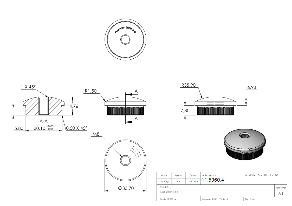 Bouchon légèrement bombé V2A matériau plein avec M8 pour Ø 33,7x2,0 mm