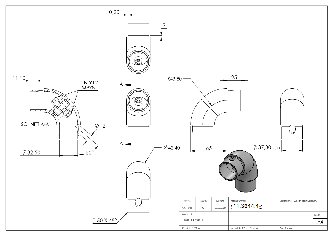 Coude réglable, pour tube rond Ø 42.4x2.6 mm V2A