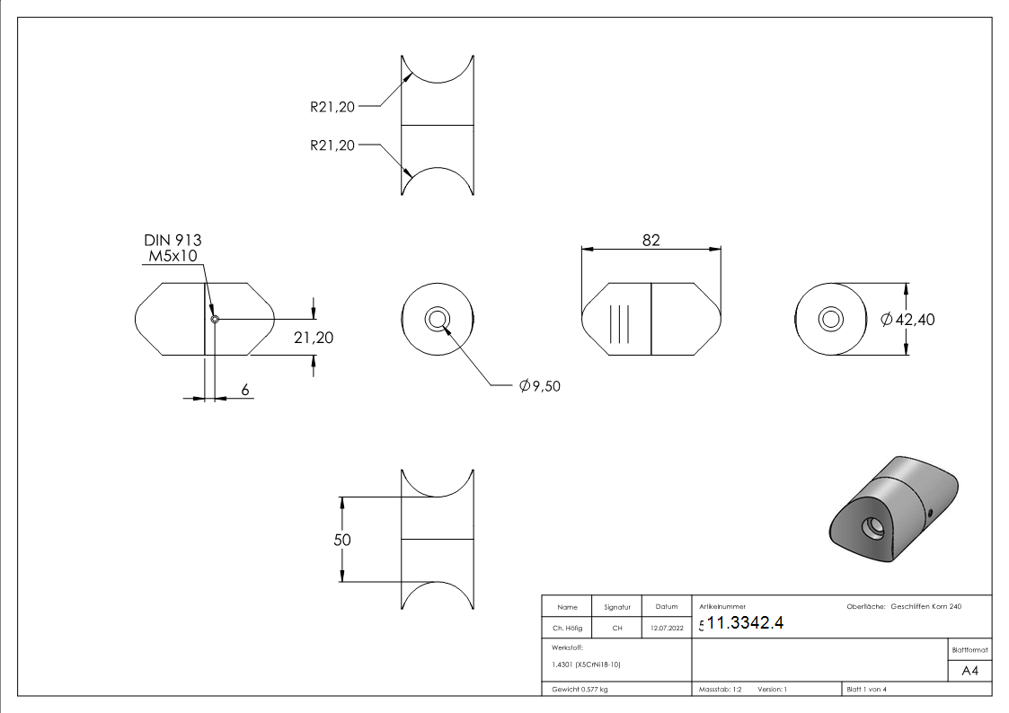 Rohrverbindungsstueck verstellbar fuer Rundrohr Ø 42-4 mm V2A-11-3342.4
