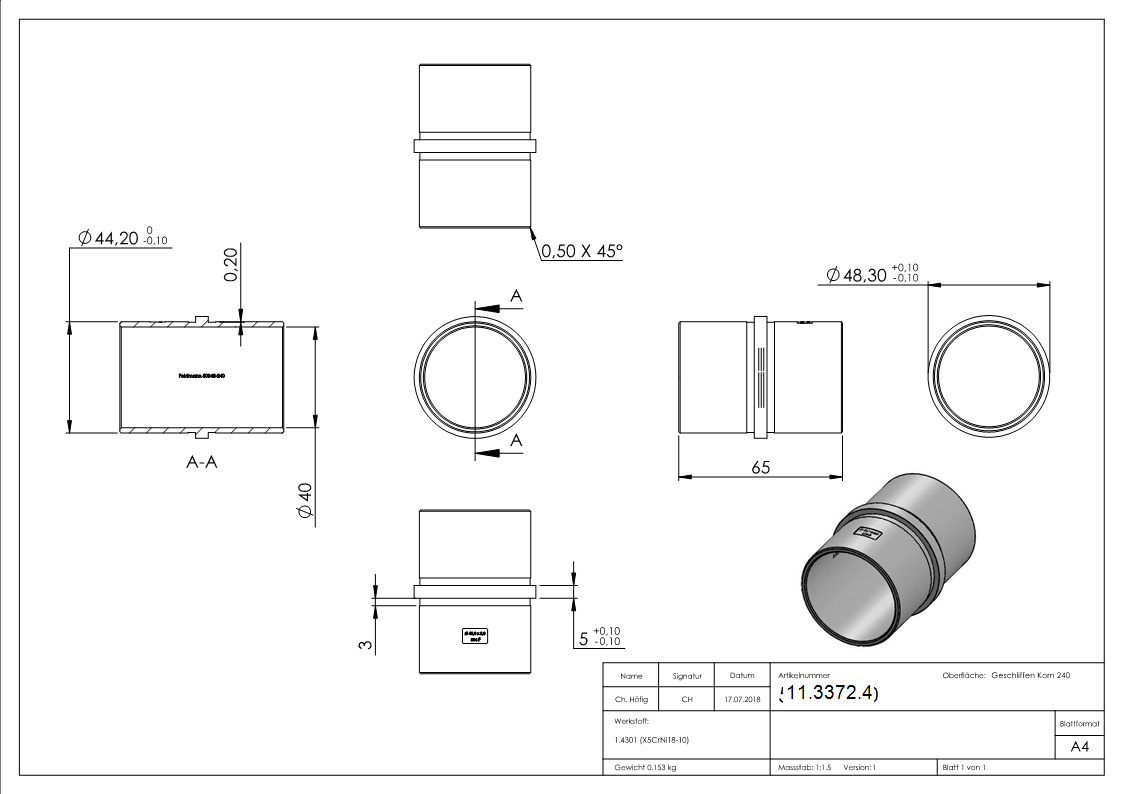 Steckverbinder V2A fuer Rohr Ø 48-3 x 2-0 mm L 65 mm mit Mittelsteg-11-3372.4