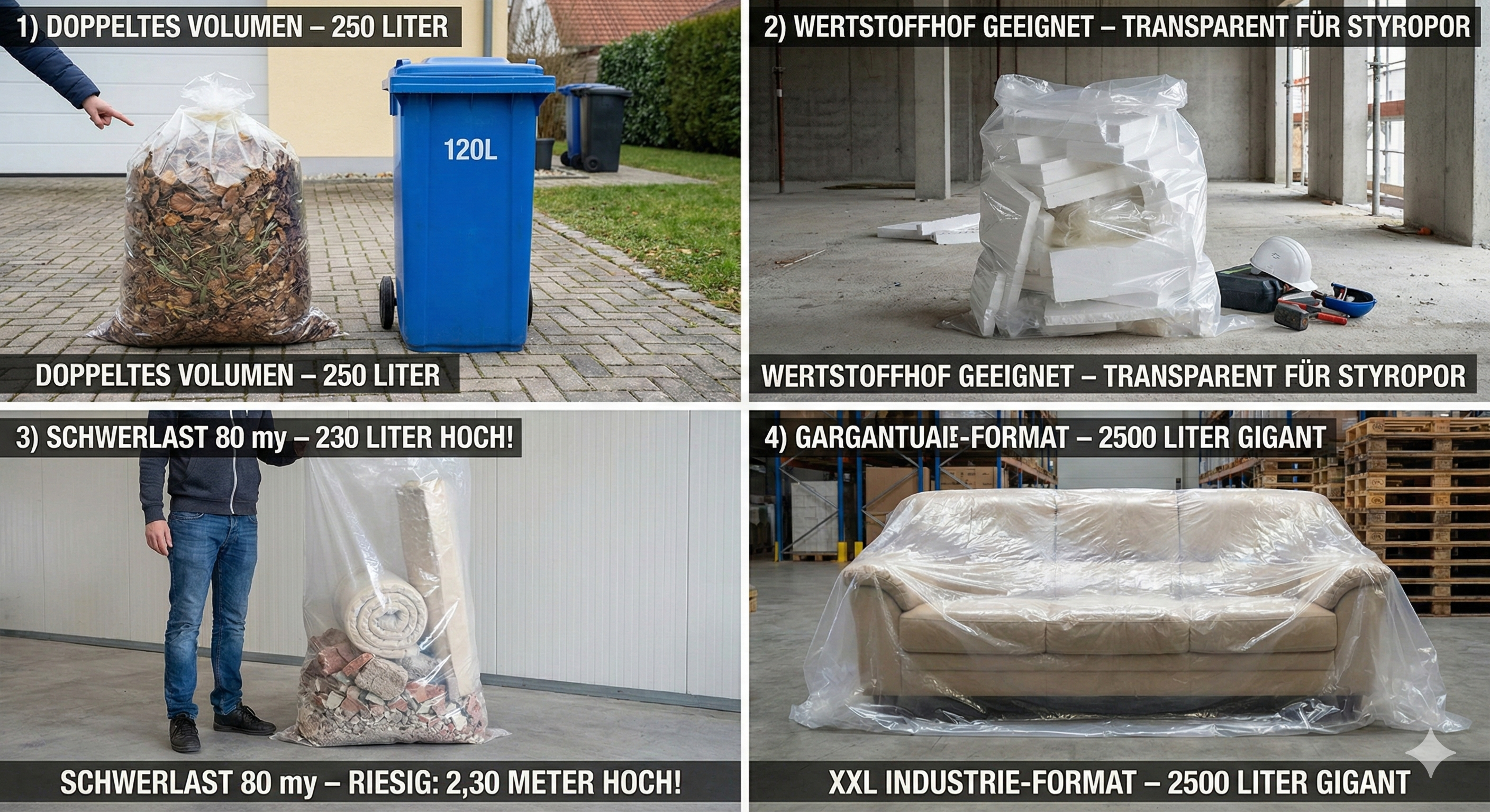 100 Stueck - XXL Muellsaecke 250 Liter Transparent 60my - Extra Reissfest 150cm lang - Profi Entsorgungssack-1SFB700-550X150060