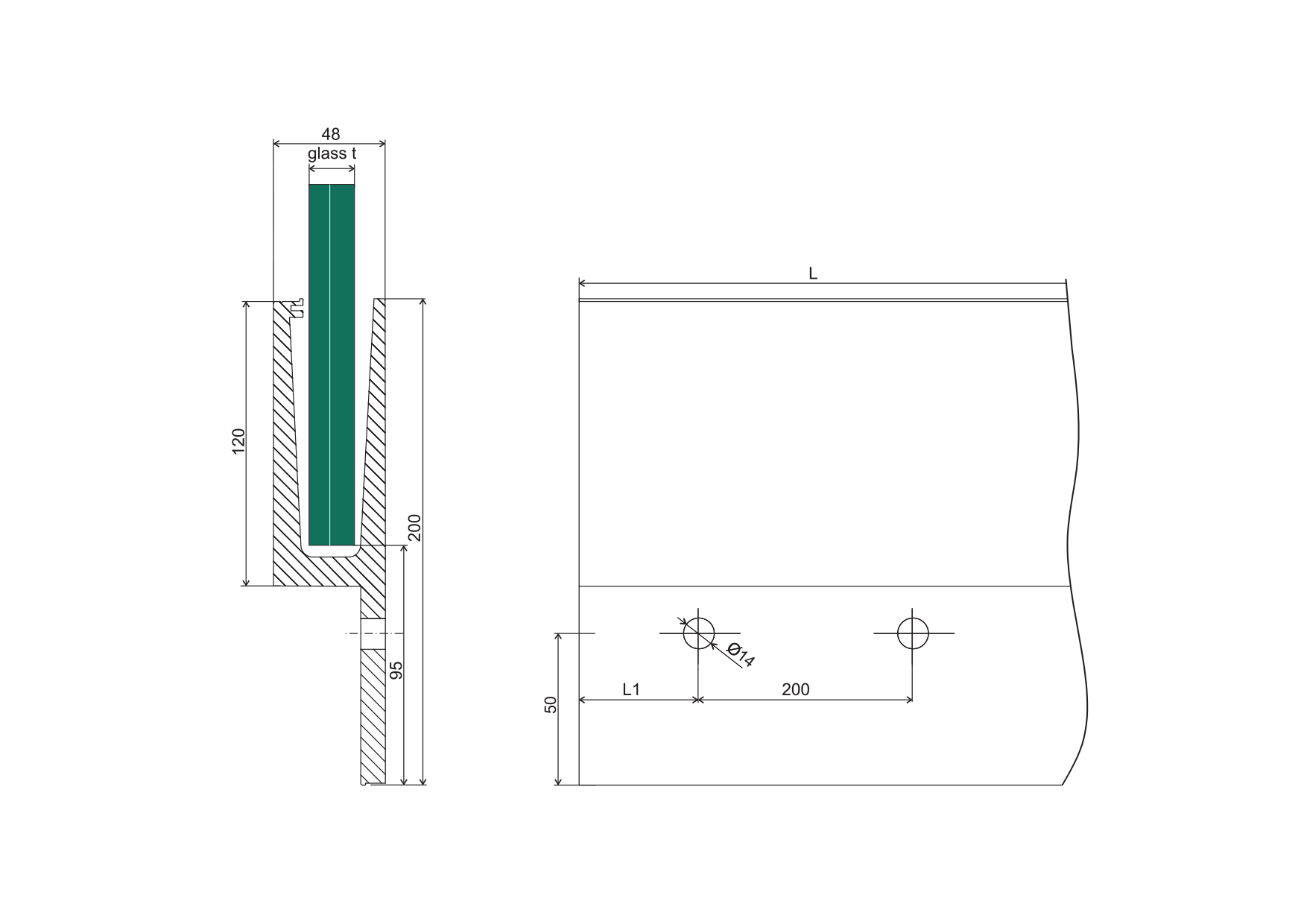 Ganzglasgelaender Profil Aluminium 5000 mm Seitenmontage Glas 12-21-52 mm-89-11AL00115000NE-A.4