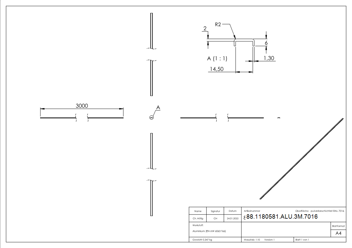 Kantenschutz EXTRA SLIM- fuer Glas 12-00 - 13-52mm- L=3m- Aluminium RAL 7016-88-1180581-ALU-3M.7016