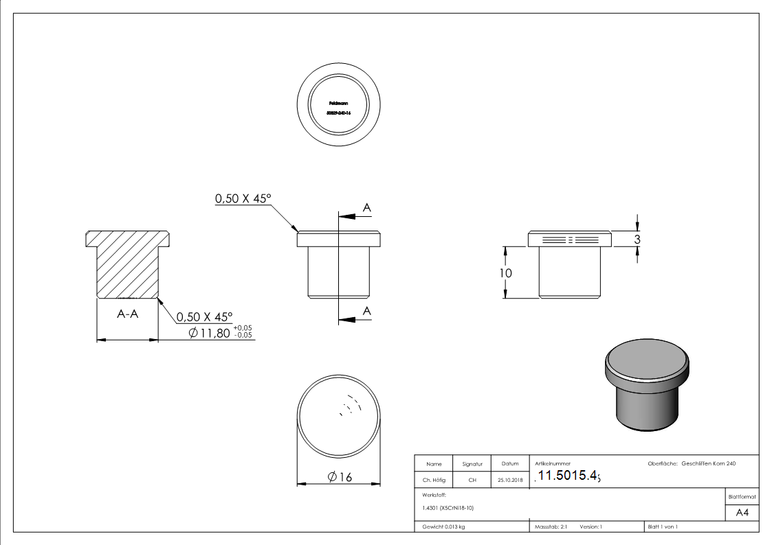 Rohrstopfen fuer Ø 16-0x2-0 mm flach zum Einkleben V2A-11-5015.4