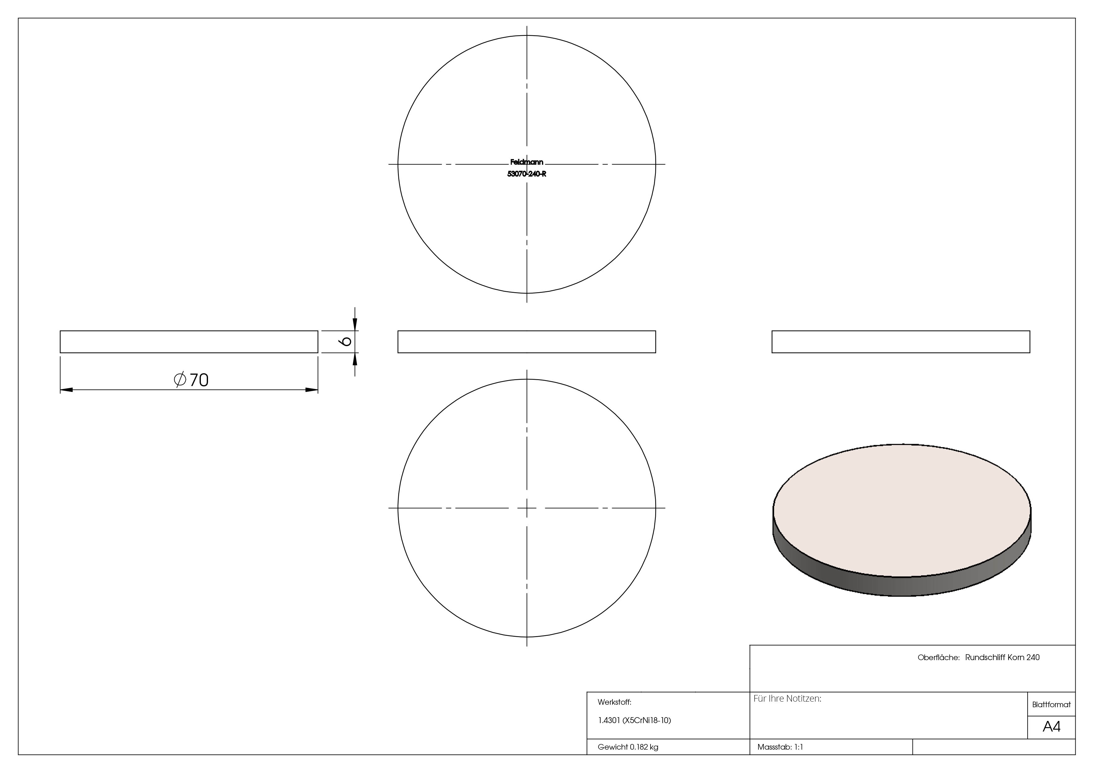 Ebauche circulaire | Dimensions : Ø 70x6 mm | avec meulage circulaire | V2A
