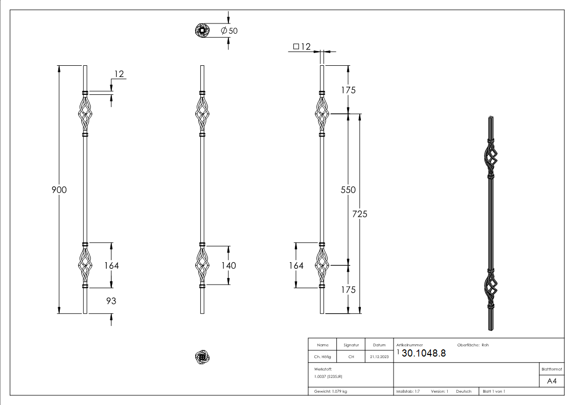 Zierstab - Laenge- 900 mm - Material- 12x12 mm - glatt - Stahl -Roh- S235JR-30-1048.8