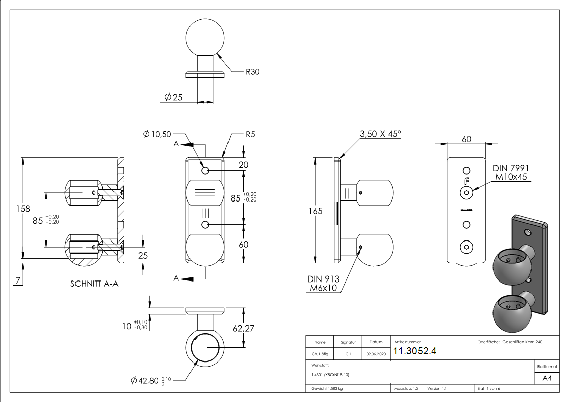 Wandbefestigung fuer Gelaenderpfosten Ø 42-4 mm - V2A-11-3052.4