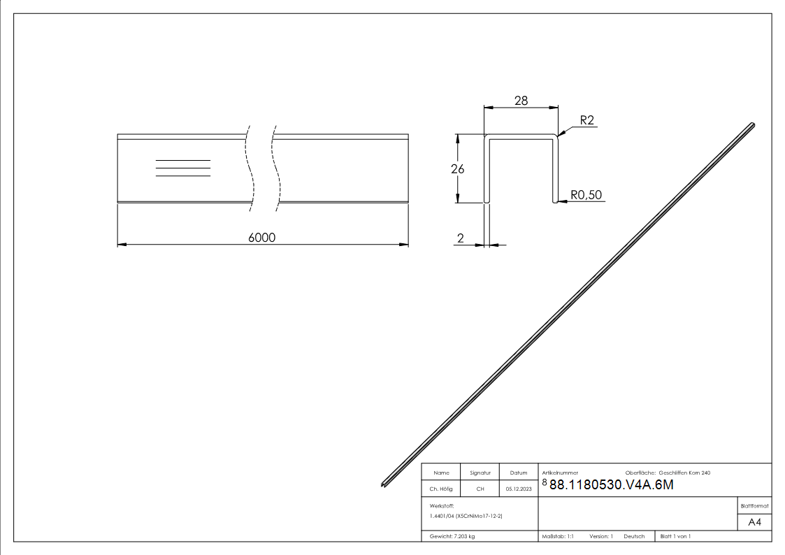 Edelstahl-U-Profil- 28 x 26 x 2mm- Laenge- 6000mm-88-1180530-V4A.6M