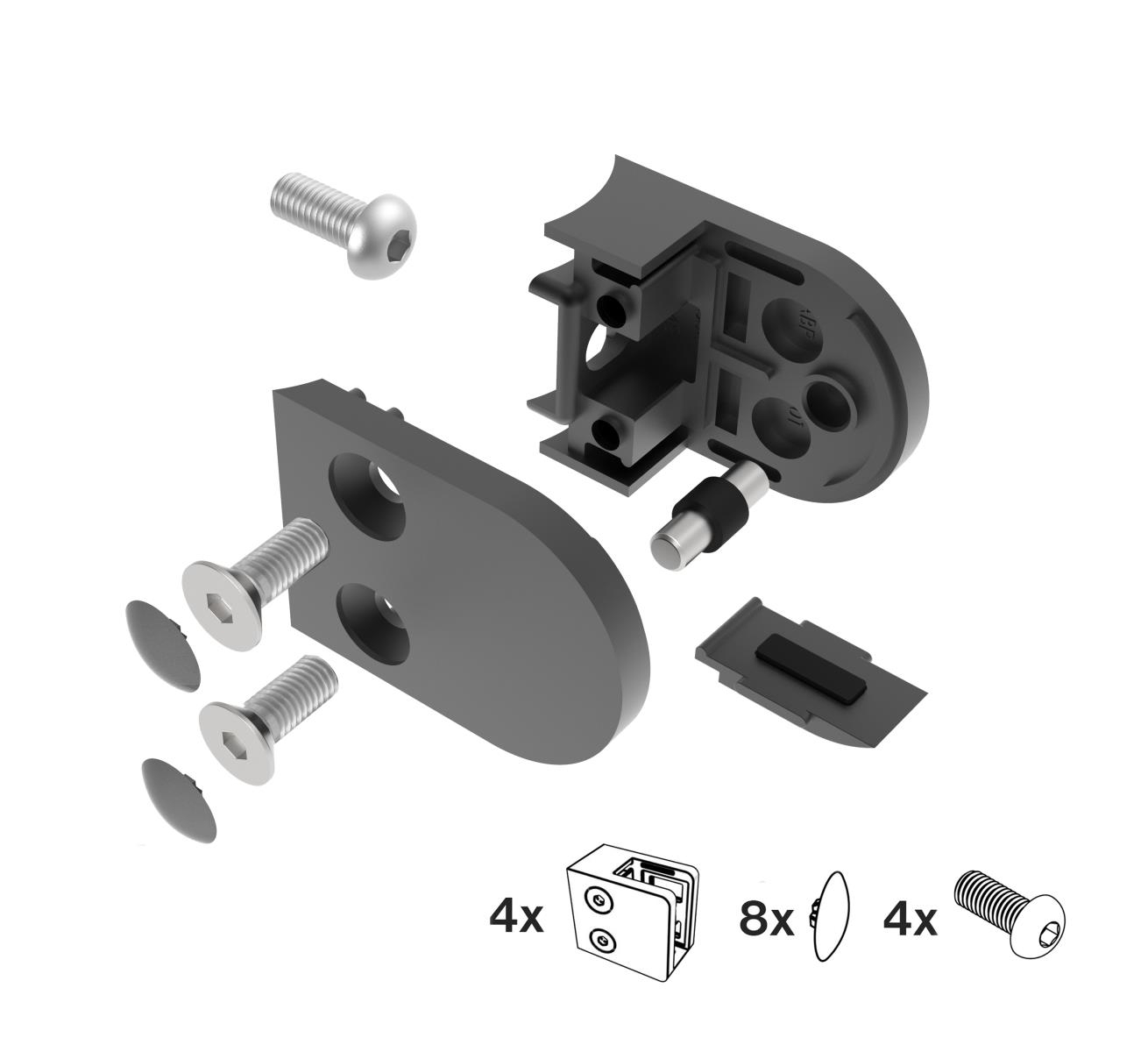 Glasklemme V2A fuer Ø 42-4 mm Rohr Schwarz pulverbeschichtet 4er Set-89-11ABL200P042SET4-A.4