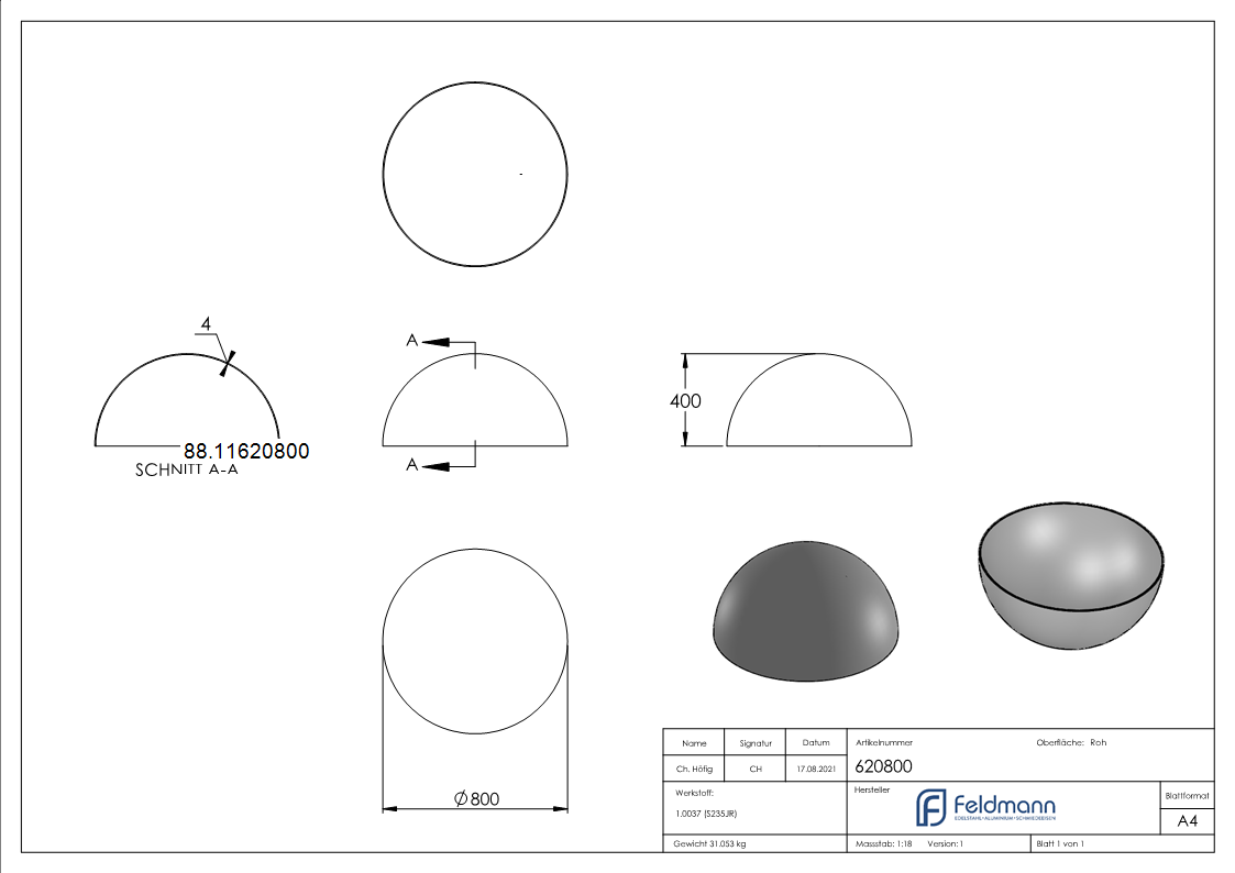 Halbhohlkugel Ø 800 mm - glatt - Stahl S235JR- roh-88.11620800