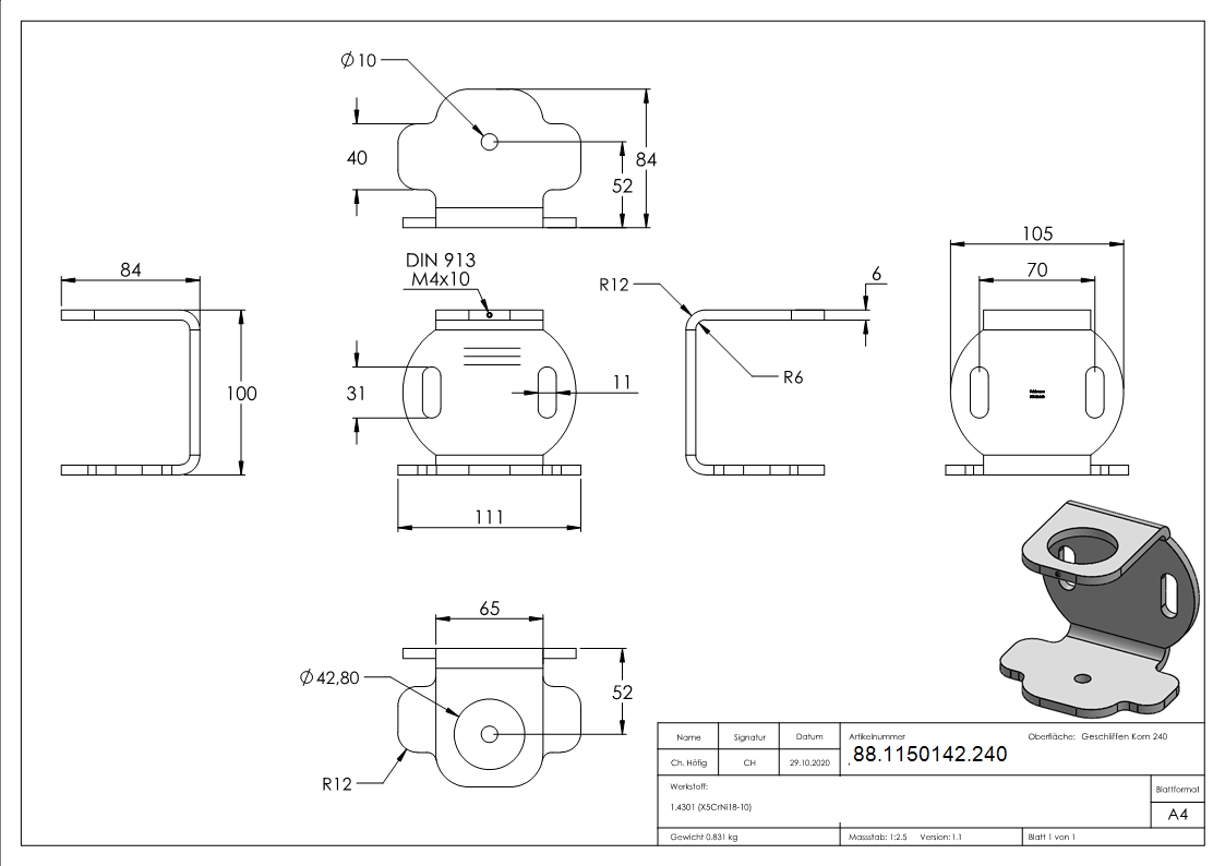 Fixation murale pour poteau de garde-corps pour tube 42,4 mm