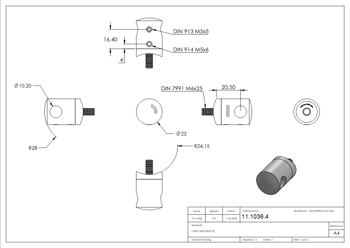 Support de barre transversale Ø 22 mm | connexion : 48,3 mm | avec trou : 10,2 mm | V2A