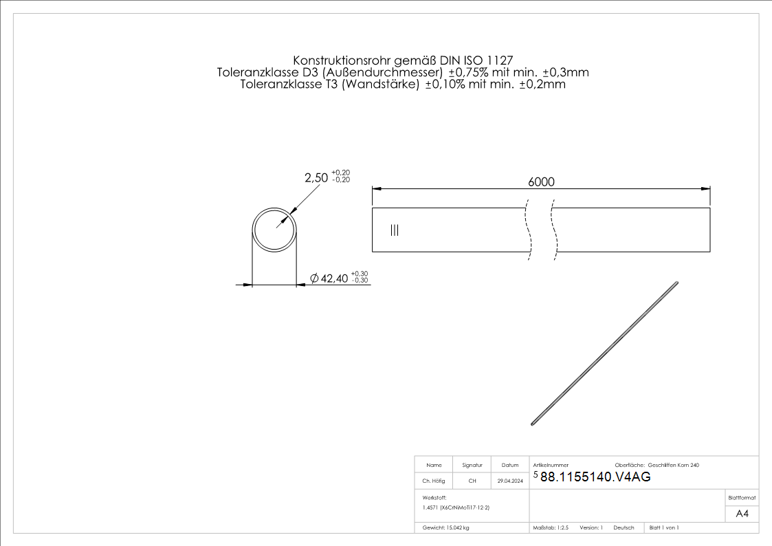 Edelstahlrohr V4A geglueht 42-4x2-5mm- L=6mtr- Edelstahl-88-1155140.V4AG