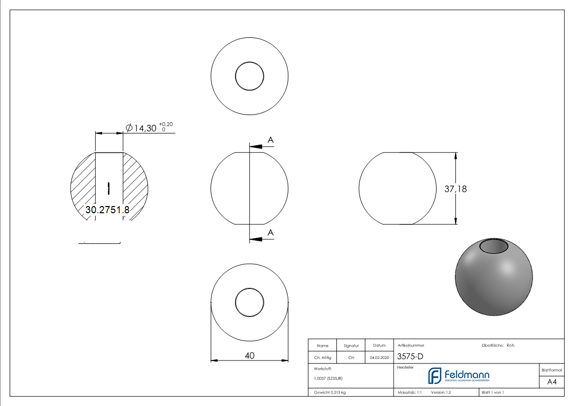 Kugel Ø 40 mm - mit Durchgangsbohrung 14-2 mm - Stahl S235JR- roh-30-2751.8
