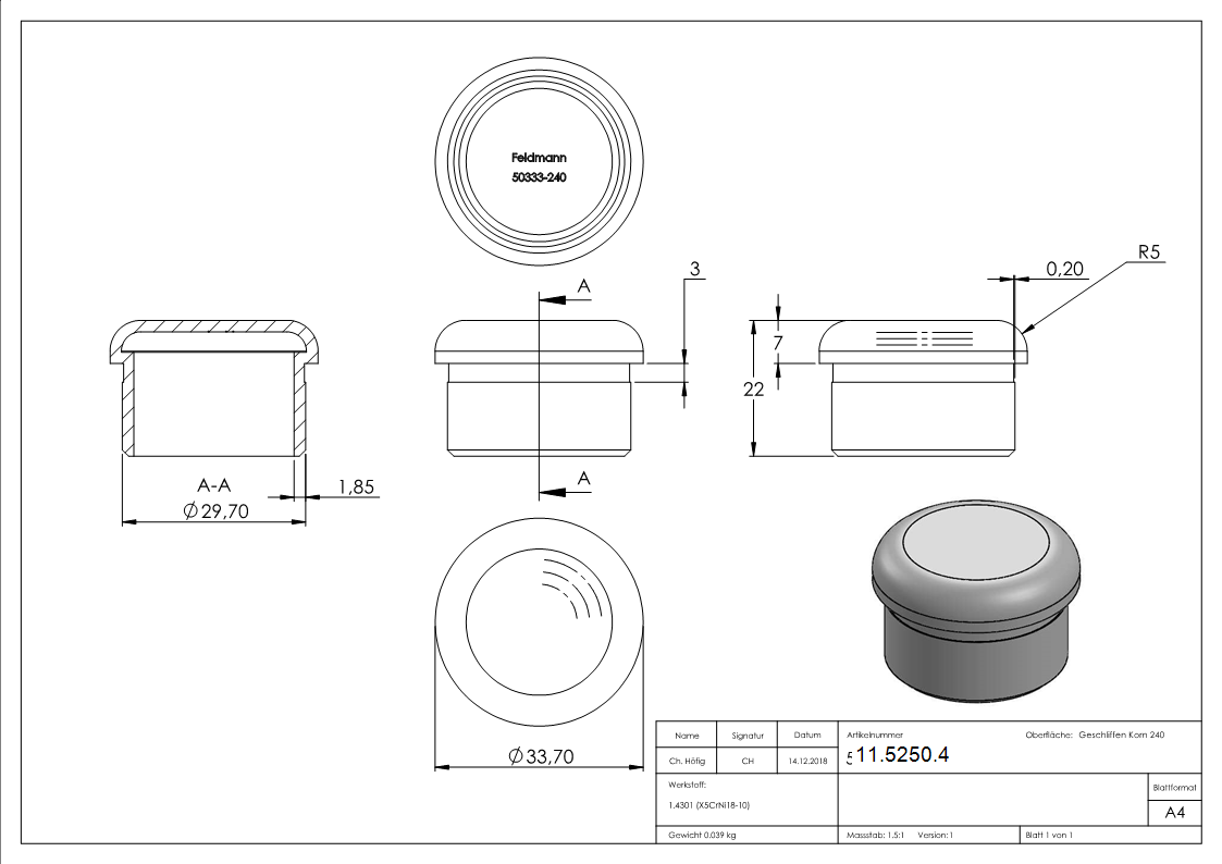 Bouchon plat V2A coulé à coller pour Ø 33,7x2,0 mm