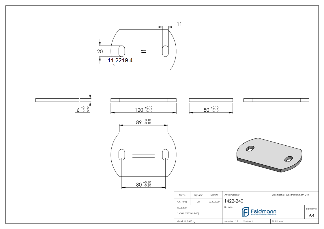Plaque d'ancrage | dimensions : 120 x 80 x 6 mm | avec trou oblong | V2A